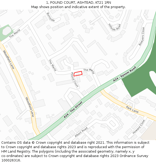 1, POUND COURT, ASHTEAD, KT21 1RN: Location map and indicative extent of plot