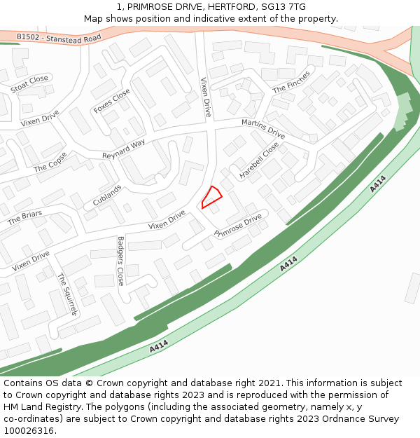 1, PRIMROSE DRIVE, HERTFORD, SG13 7TG: Location map and indicative extent of plot