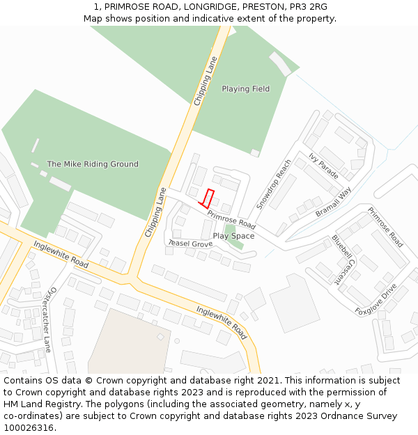1, PRIMROSE ROAD, LONGRIDGE, PRESTON, PR3 2RG: Location map and indicative extent of plot