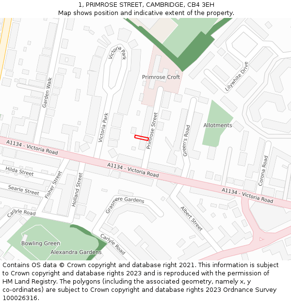 1, PRIMROSE STREET, CAMBRIDGE, CB4 3EH: Location map and indicative extent of plot
