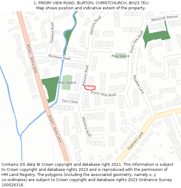 1, PRIORY VIEW ROAD, BURTON, CHRISTCHURCH, BH23 7EU: Location map and indicative extent of plot