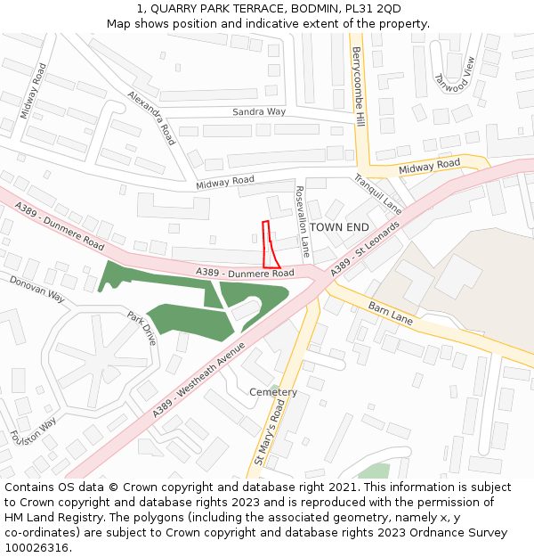 1, QUARRY PARK TERRACE, BODMIN, PL31 2QD: Location map and indicative extent of plot