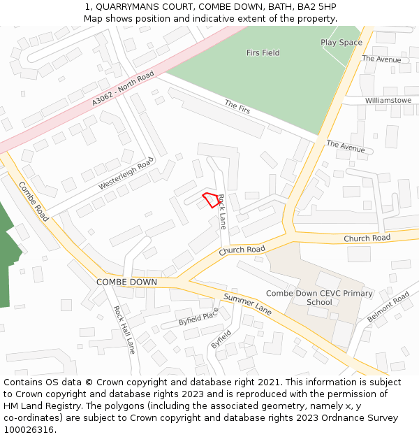 1, QUARRYMANS COURT, COMBE DOWN, BATH, BA2 5HP: Location map and indicative extent of plot