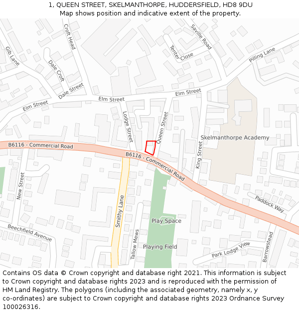 1, QUEEN STREET, SKELMANTHORPE, HUDDERSFIELD, HD8 9DU: Location map and indicative extent of plot