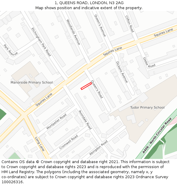 1, QUEENS ROAD, LONDON, N3 2AG: Location map and indicative extent of plot