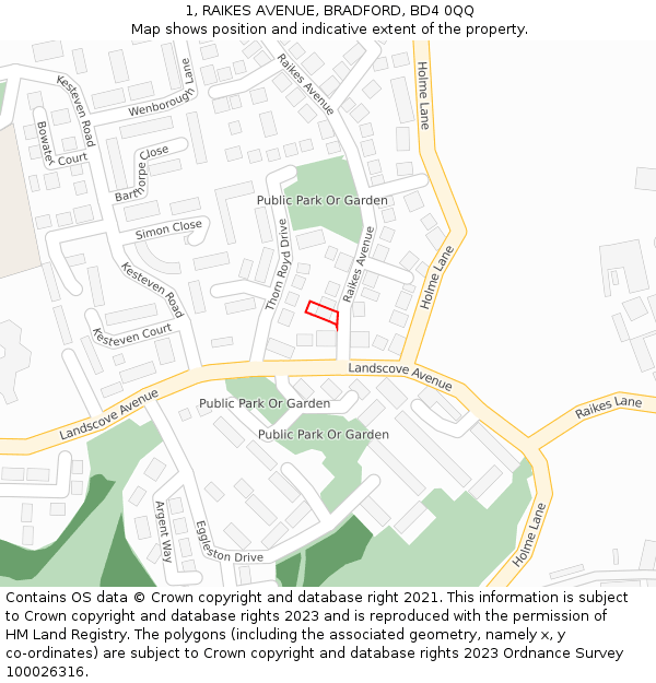 1, RAIKES AVENUE, BRADFORD, BD4 0QQ: Location map and indicative extent of plot