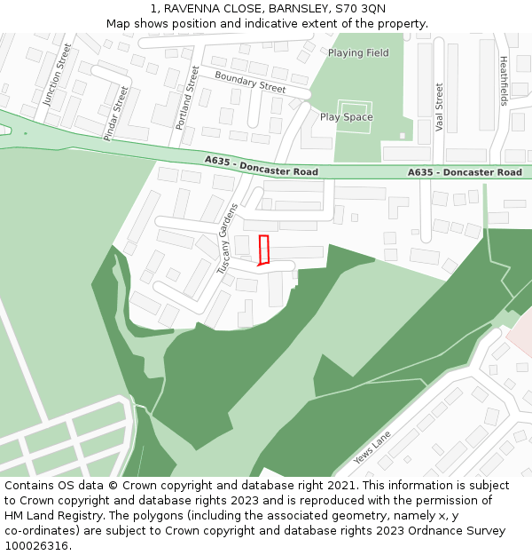 1, RAVENNA CLOSE, BARNSLEY, S70 3QN: Location map and indicative extent of plot