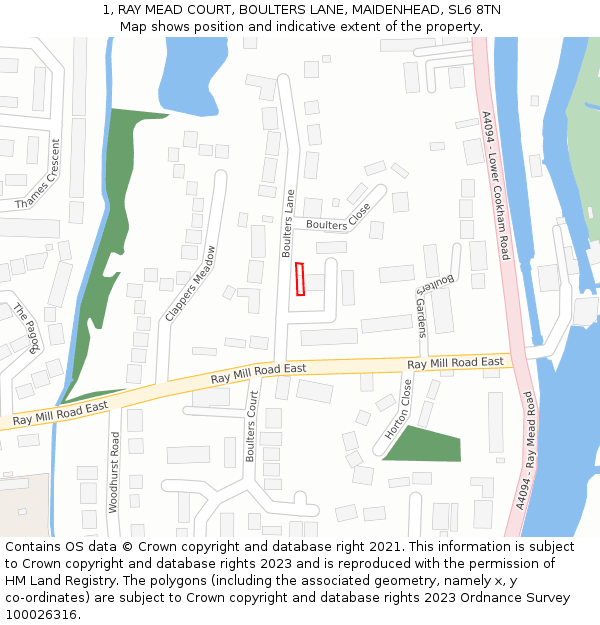 1, RAY MEAD COURT, BOULTERS LANE, MAIDENHEAD, SL6 8TN: Location map and indicative extent of plot