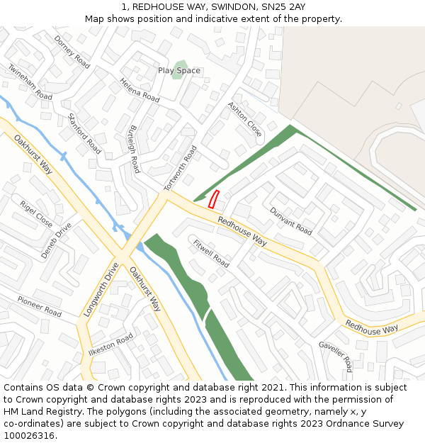 1, REDHOUSE WAY, SWINDON, SN25 2AY: Location map and indicative extent of plot