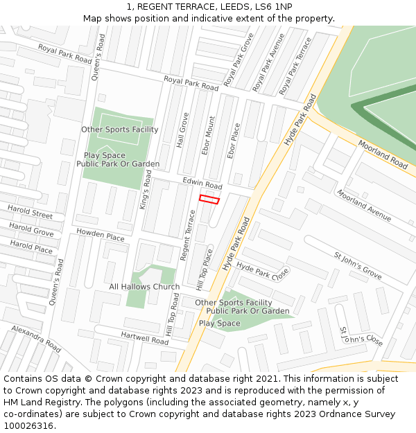 1, REGENT TERRACE, LEEDS, LS6 1NP: Location map and indicative extent of plot