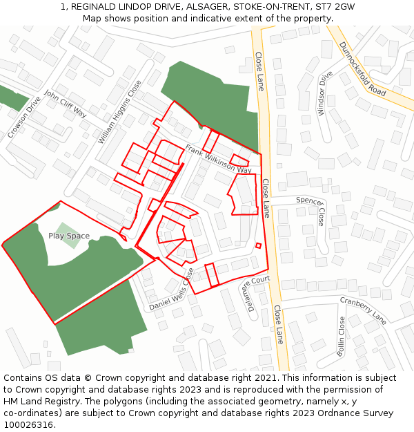 1, REGINALD LINDOP DRIVE, ALSAGER, STOKE-ON-TRENT, ST7 2GW: Location map and indicative extent of plot