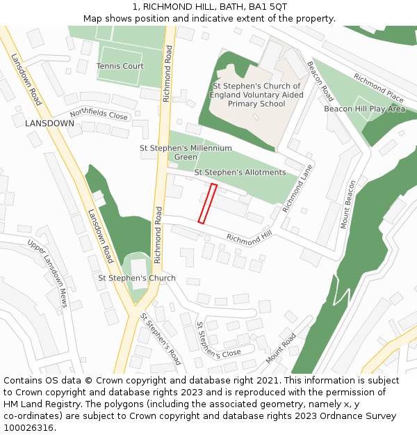 1, RICHMOND HILL, BATH, BA1 5QT: Location map and indicative extent of plot