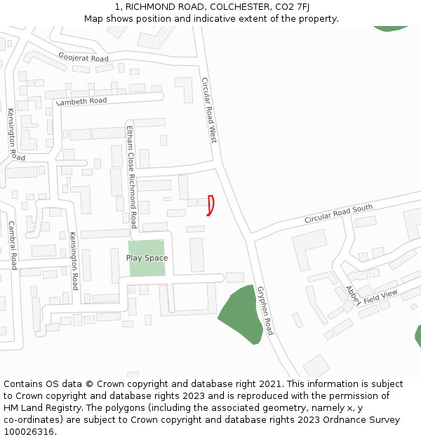 1, RICHMOND ROAD, COLCHESTER, CO2 7FJ: Location map and indicative extent of plot