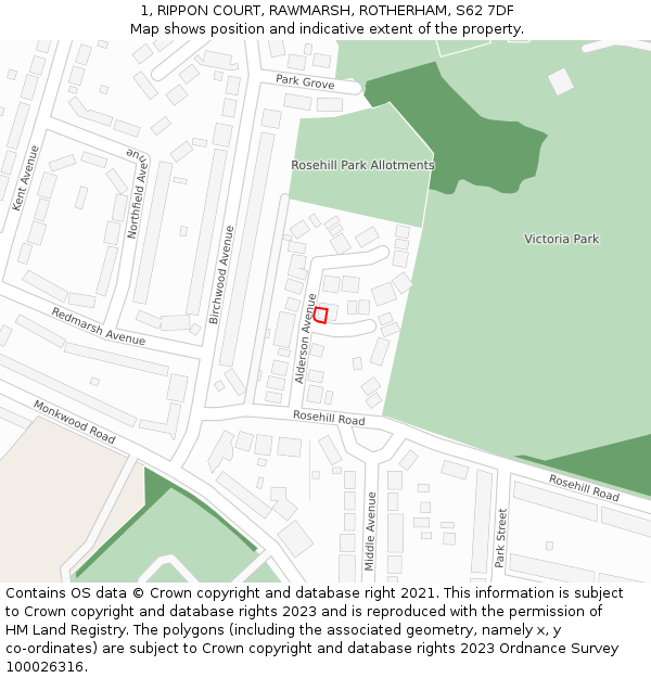 1, RIPPON COURT, RAWMARSH, ROTHERHAM, S62 7DF: Location map and indicative extent of plot