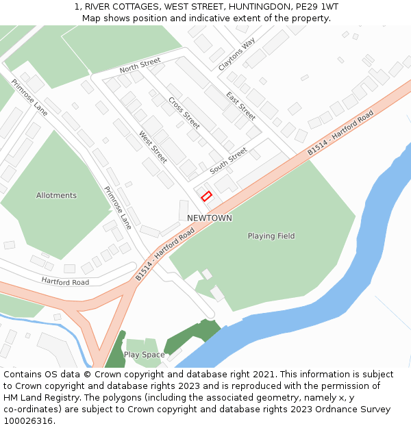 1, RIVER COTTAGES, WEST STREET, HUNTINGDON, PE29 1WT: Location map and indicative extent of plot