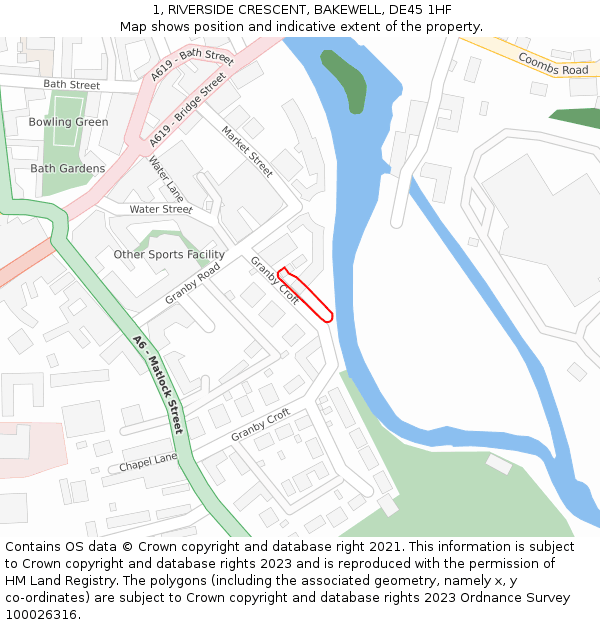 1, RIVERSIDE CRESCENT, BAKEWELL, DE45 1HF: Location map and indicative extent of plot