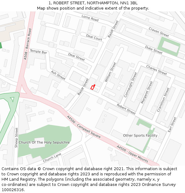 1, ROBERT STREET, NORTHAMPTON, NN1 3BL: Location map and indicative extent of plot