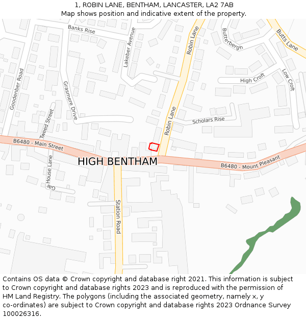 1, ROBIN LANE, BENTHAM, LANCASTER, LA2 7AB: Location map and indicative extent of plot