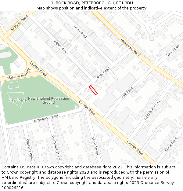1, ROCK ROAD, PETERBOROUGH, PE1 3BU: Location map and indicative extent of plot