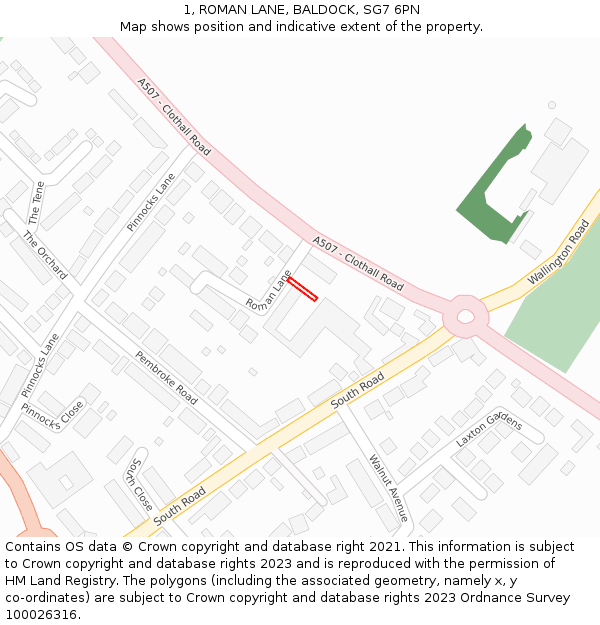1, ROMAN LANE, BALDOCK, SG7 6PN: Location map and indicative extent of plot