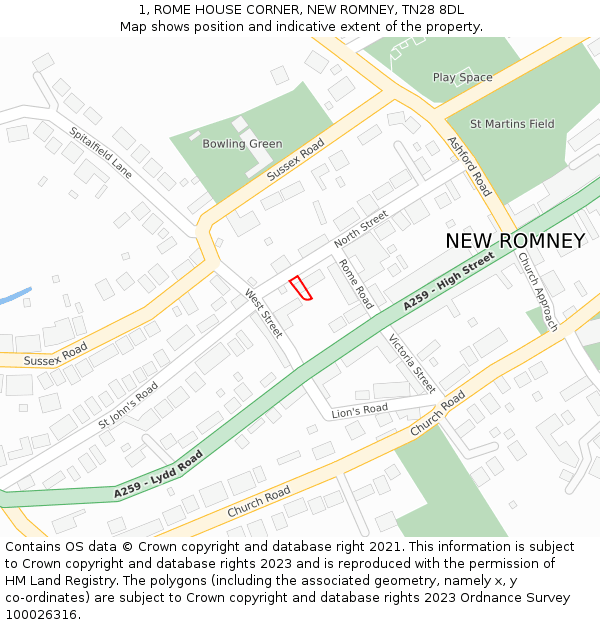 1, ROME HOUSE CORNER, NEW ROMNEY, TN28 8DL: Location map and indicative extent of plot