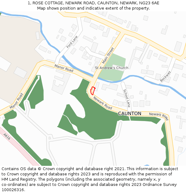 1, ROSE COTTAGE, NEWARK ROAD, CAUNTON, NEWARK, NG23 6AE: Location map and indicative extent of plot
