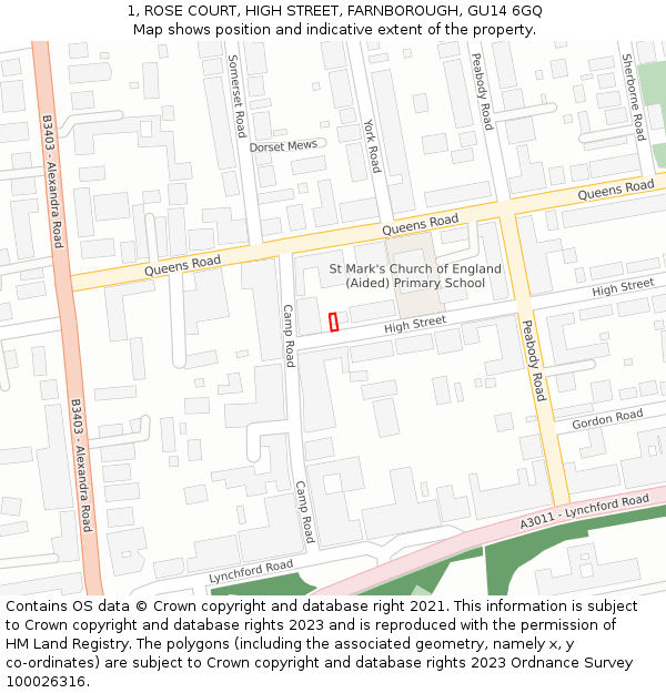 1, ROSE COURT, HIGH STREET, FARNBOROUGH, GU14 6GQ: Location map and indicative extent of plot