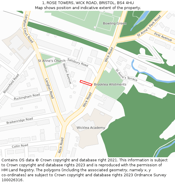 1, ROSE TOWERS, WICK ROAD, BRISTOL, BS4 4HU: Location map and indicative extent of plot