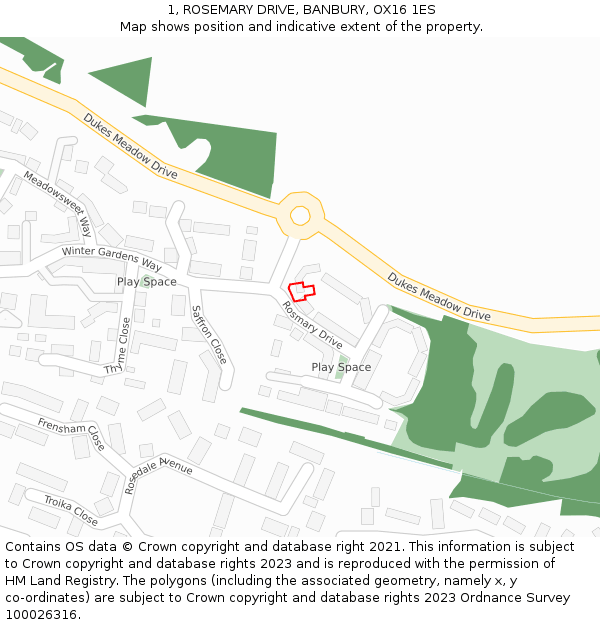 1, ROSEMARY DRIVE, BANBURY, OX16 1ES: Location map and indicative extent of plot