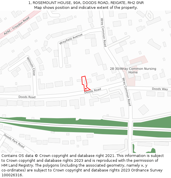 1, ROSEMOUNT HOUSE, 90A, DOODS ROAD, REIGATE, RH2 0NR: Location map and indicative extent of plot