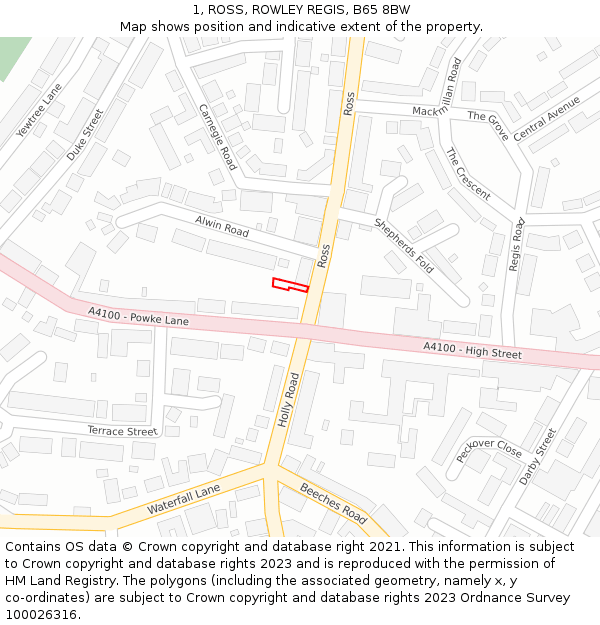 1, ROSS, ROWLEY REGIS, B65 8BW: Location map and indicative extent of plot