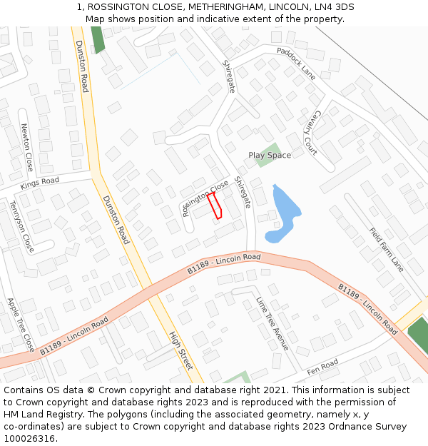 1, ROSSINGTON CLOSE, METHERINGHAM, LINCOLN, LN4 3DS: Location map and indicative extent of plot