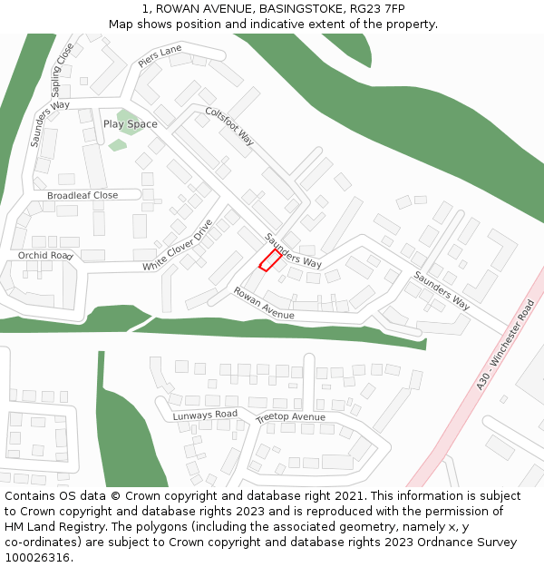 1, ROWAN AVENUE, BASINGSTOKE, RG23 7FP: Location map and indicative extent of plot