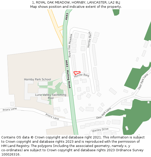 1, ROYAL OAK MEADOW, HORNBY, LANCASTER, LA2 8LJ: Location map and indicative extent of plot