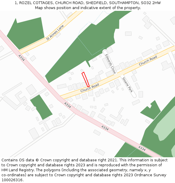 1, ROZEL COTTAGES, CHURCH ROAD, SHEDFIELD, SOUTHAMPTON, SO32 2HW: Location map and indicative extent of plot