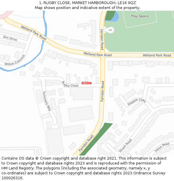 1, RUGBY CLOSE, MARKET HARBOROUGH, LE16 9QZ: Location map and indicative extent of plot