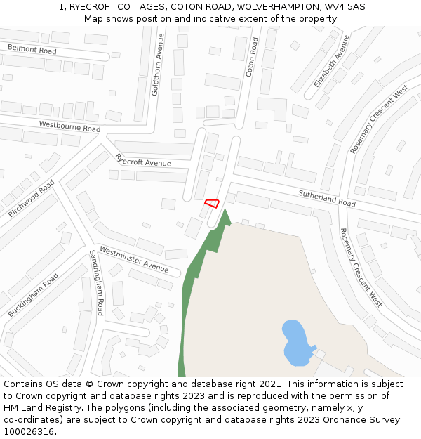 1, RYECROFT COTTAGES, COTON ROAD, WOLVERHAMPTON, WV4 5AS: Location map and indicative extent of plot