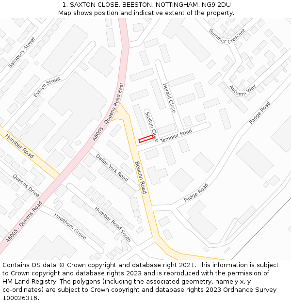 1, SAXTON CLOSE, BEESTON, NOTTINGHAM, NG9 2DU: Location map and indicative extent of plot
