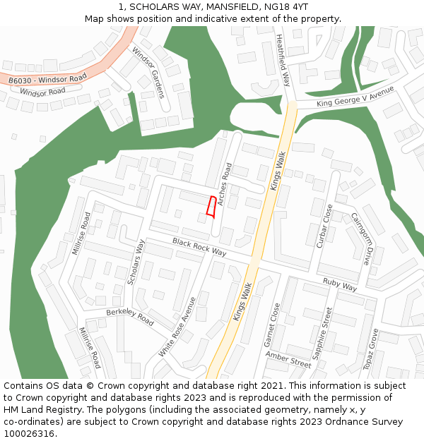 1, SCHOLARS WAY, MANSFIELD, NG18 4YT: Location map and indicative extent of plot