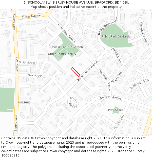 1, SCHOOL VIEW, BIERLEY HOUSE AVENUE, BRADFORD, BD4 6BU: Location map and indicative extent of plot