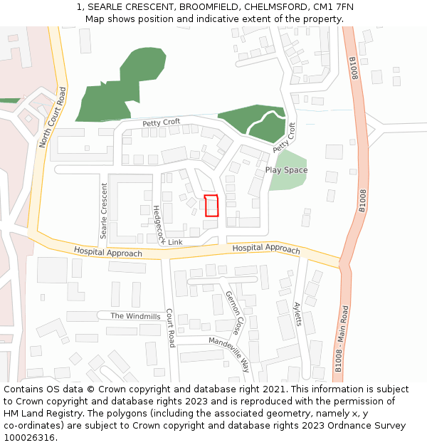 1, SEARLE CRESCENT, BROOMFIELD, CHELMSFORD, CM1 7FN: Location map and indicative extent of plot