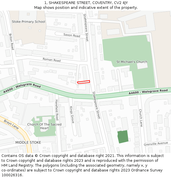 1, SHAKESPEARE STREET, COVENTRY, CV2 4JY: Location map and indicative extent of plot