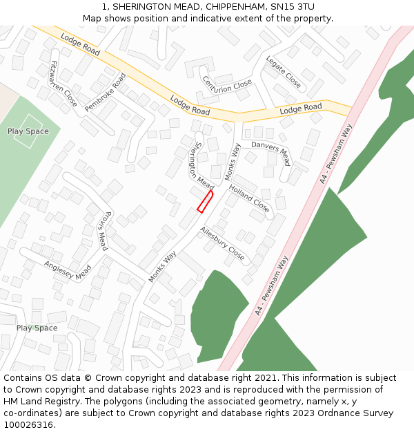1, SHERINGTON MEAD, CHIPPENHAM, SN15 3TU: Location map and indicative extent of plot