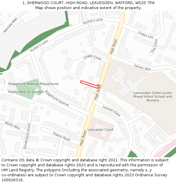 1, SHERWOOD COURT, HIGH ROAD, LEAVESDEN, WATFORD, WD25 7PA: Location map and indicative extent of plot