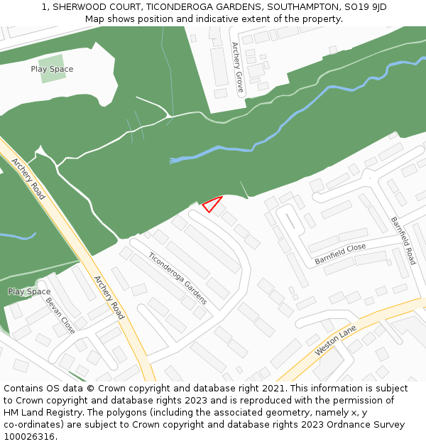 1, SHERWOOD COURT, TICONDEROGA GARDENS, SOUTHAMPTON, SO19 9JD: Location map and indicative extent of plot