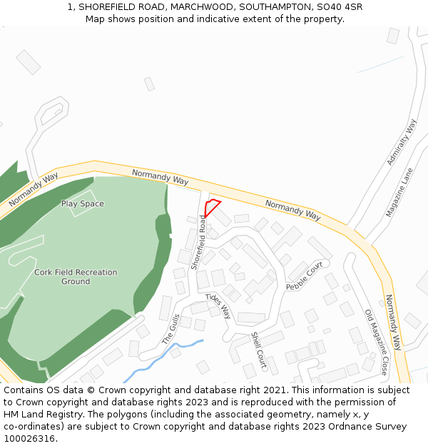 1, SHOREFIELD ROAD, MARCHWOOD, SOUTHAMPTON, SO40 4SR: Location map and indicative extent of plot