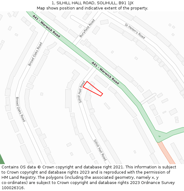 1, SILHILL HALL ROAD, SOLIHULL, B91 1JX: Location map and indicative extent of plot