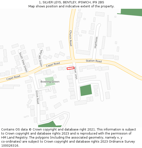 1, SILVER LEYS, BENTLEY, IPSWICH, IP9 2BS: Location map and indicative extent of plot