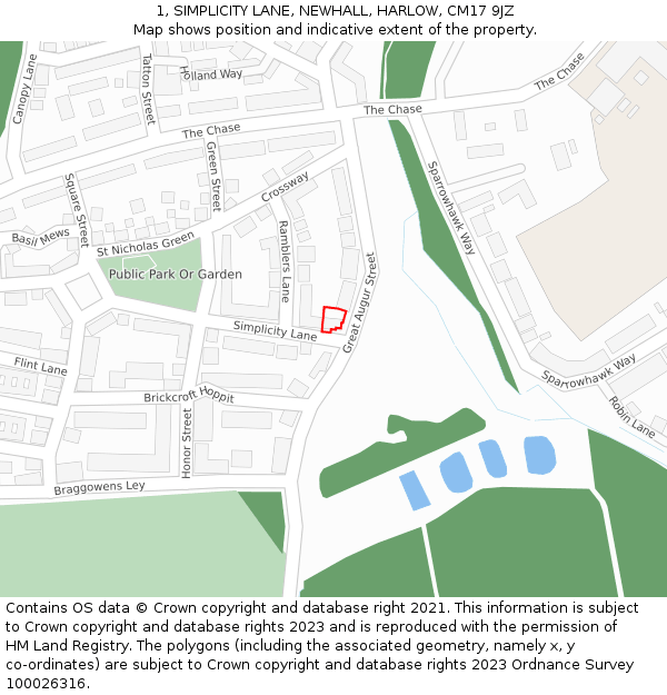 1, SIMPLICITY LANE, NEWHALL, HARLOW, CM17 9JZ: Location map and indicative extent of plot