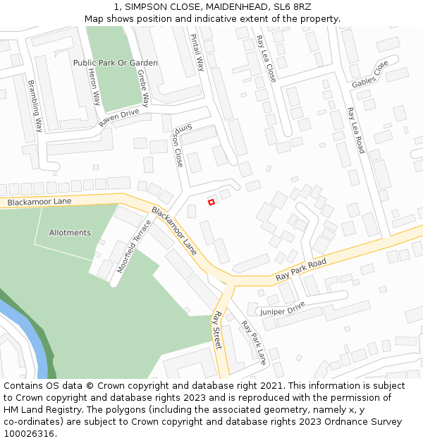 1, SIMPSON CLOSE, MAIDENHEAD, SL6 8RZ: Location map and indicative extent of plot